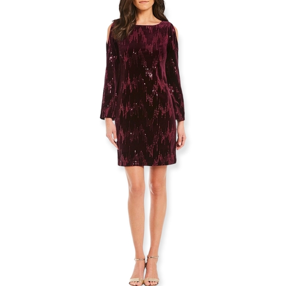 burgundy velvet shift dress Burgundy Velvet Prom Dress with Overskirt & Slit main image 0